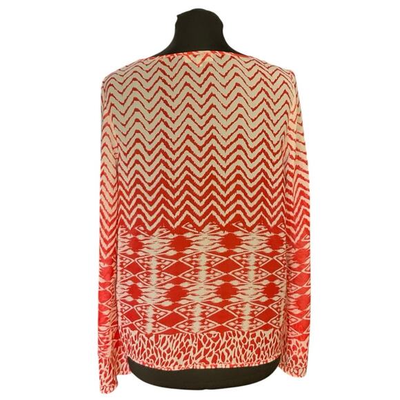 Umgee Red and White Geometric Print Sheer Bell Sleeve Blouse Size L - Picture 3 of 9